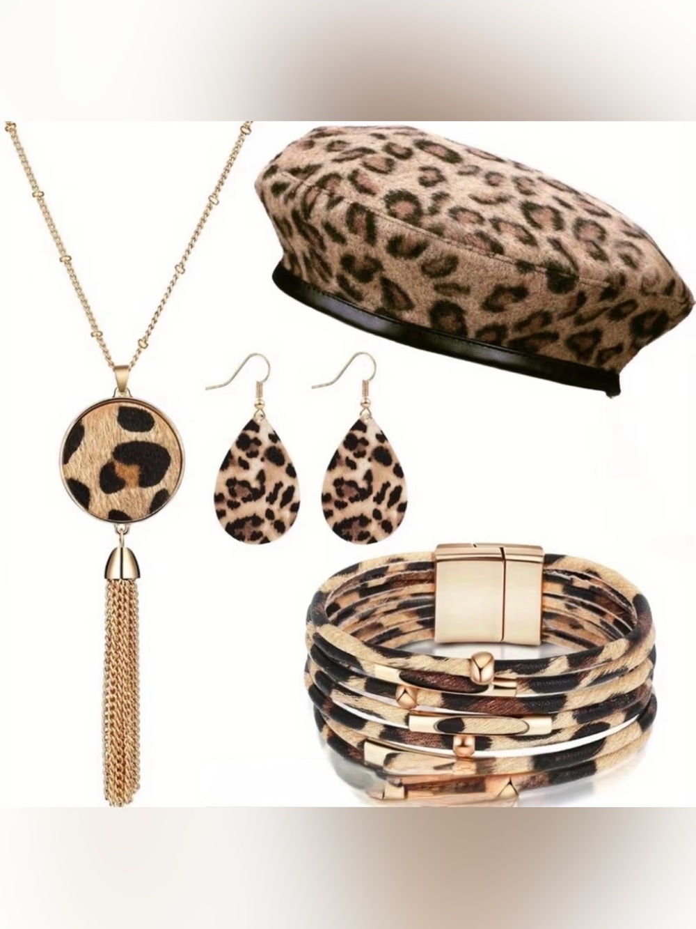 Leopard Print Jewelry Set - Gold-Tone Necklace, Earrings & Bracelet